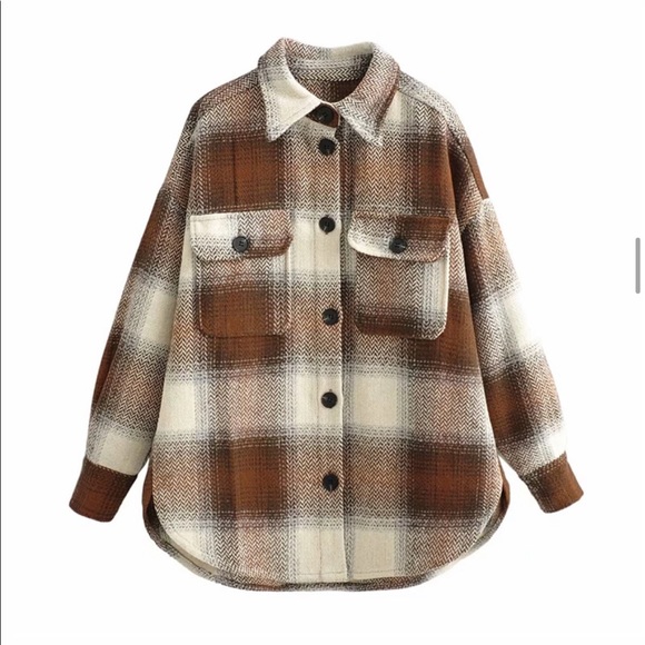 Boyfriend Fit Plaid Jacket Coat Brown Trucker - Picture 10 of 16